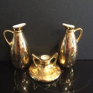 Vtg. 22 KT Gold Overlay Candle holder & 2 pitchers Hand Decorated Pearl China Co